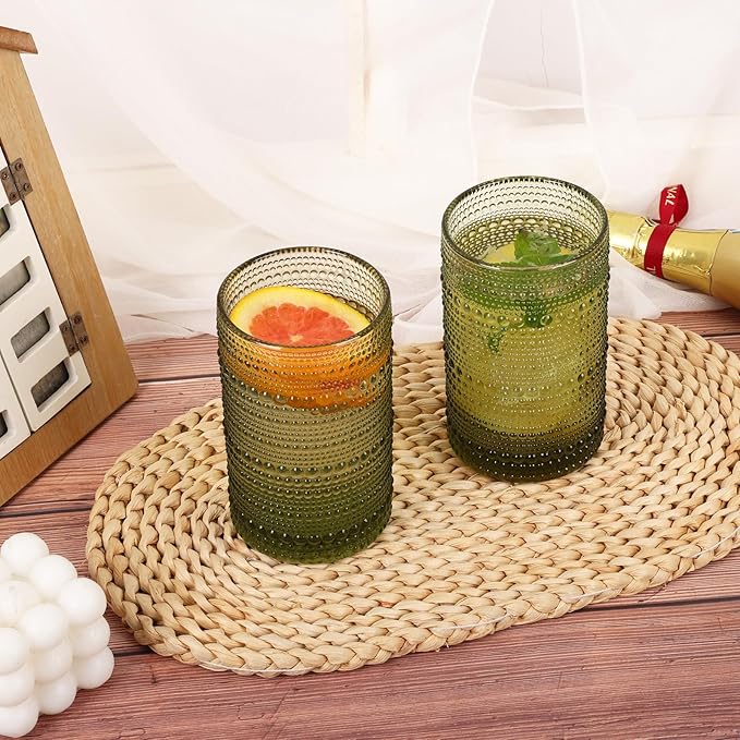 Moretoes Hobnail Drinking Glasses Set of 12,12 Oz Highball Glasses Embossed Boho Water Glass Cups Kitchen Bar Tumbler Glassware Set for Whiskey, Beer, Juice, Milk and Various Mixed Drinks (Green)