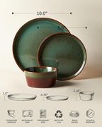 Pokini Plates and Bowls Sets for 4, Ceramic Dinnerware Sets, Kitchen Dish Set, Microwave & Dishwasher Safe Dishware, Highly Durable Hand Glazed Dinner Set, Brown Green