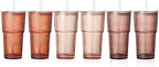 6PCS Venus Ribbed Glass Cups with Lids and Straws, 20oz Vintage Drinking Glasses, Aesthetic Iced Coffee Cups, Glass Tumbler for Boba, Beer, Tea, Cocktails, Brown Ribbed Glassware Set (Venus-6)