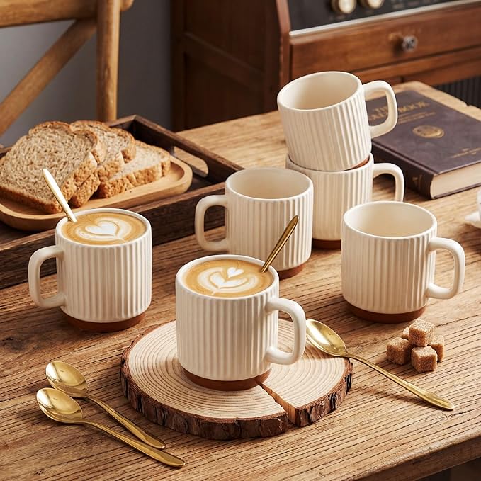 6 Set Ceramic Coffee Mugs with Spoons Set, Beige Textured Ceramic Mugs with Handle, Dishwasher Microwave Safe, Aesthetic Tea Mug for Home Office, Coffee Lover Gift