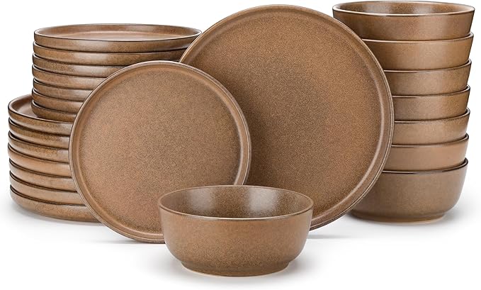 vancasso ZERMATT Stoneware Dinnerware Set for 8, 24 Pieces Plates and Bowls Sets for Kitchen, Reactive Glaze Dishes Set for 8, Dishwasher & Microwave Safe, Brown