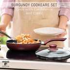 Moss & Stone 6 Pcs Nonstick Cookware Set, Pots And Pans Set Non stick With Glass Lid, Induction Cookware, Stay-Cool Handle PTFE/PFOA Kitchen Pots 6-Piece with Frying Pans & Saucepan, Burgundy