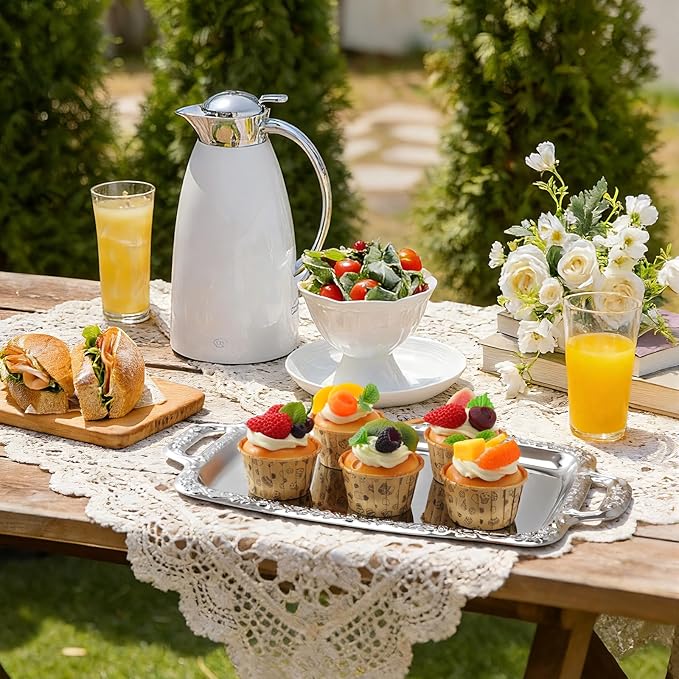 4 Pcs Silver Serving Tray with Handles, Vintage Floral Metal Silver Platter Tray, Elegant Silver Trays for Wedding Tableware Party Decoration