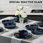 E-far 8-Piece Plates and Bowls Sets with Pasta Bowls - Stoneware Dinnerware Set for 2, Modern Ribbed Dishes, Microwave & Dishwasher Safe, Starry Blue