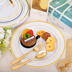 bUCLA 600Pcs White and Gold Plastic Plates - Gold Disposable Dinnerware Set for 100 Guests Include 100 Dinner & 100 Dessert Plates, 100 Cups, 100 Forks, 100 Spoons, 100 Knives for Party