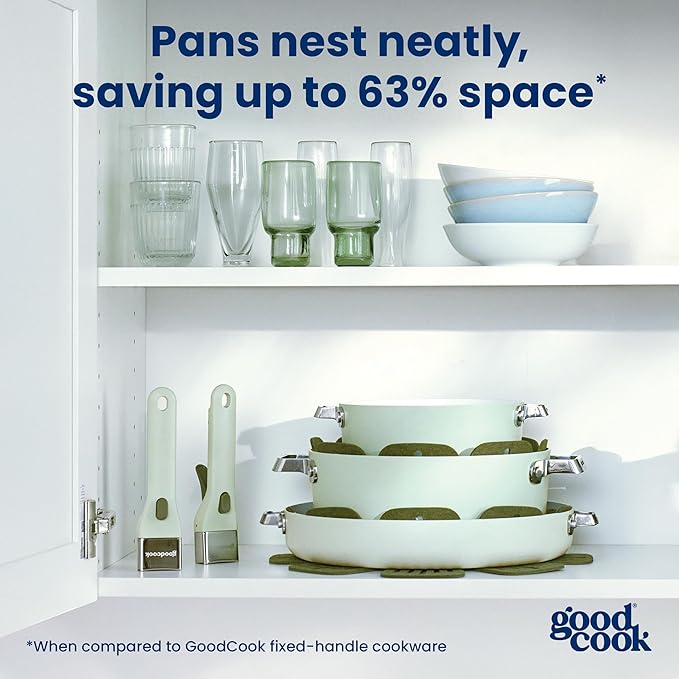 GoodCook Ceramic Cookware Set 7-Piece with Removable Handles, Induction Compatible Fry Pans, Nonstick and Oven Safe, Sage Green