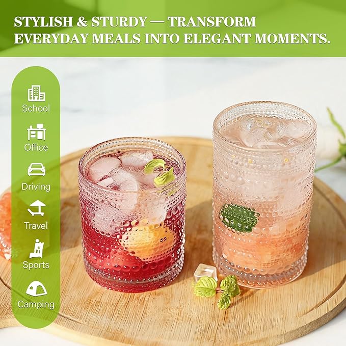 Hobnail Drinking Glasses Set of 8, 10 Oz Kitchen Water Glasses Cup & 12 Oz Vintage Cocktail Glasses Drinkware Set for Whisky, Juice, Wine, Milk