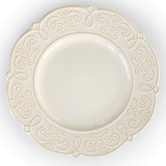 Elama Round Decorated Stoneware Scallop Embossed Dinnerware Dish Set, 16 Piece, Luna