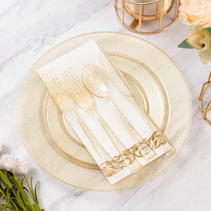 Goodluck 175 Pieces Dinnerware Set for 25 Guests, Plastic Plates Disposable for Party, Include: 50 Gold Glitter Plastic Plates, 25 Paper Napkins, 25 Cups, 25 Gold Glitter Silverware Set