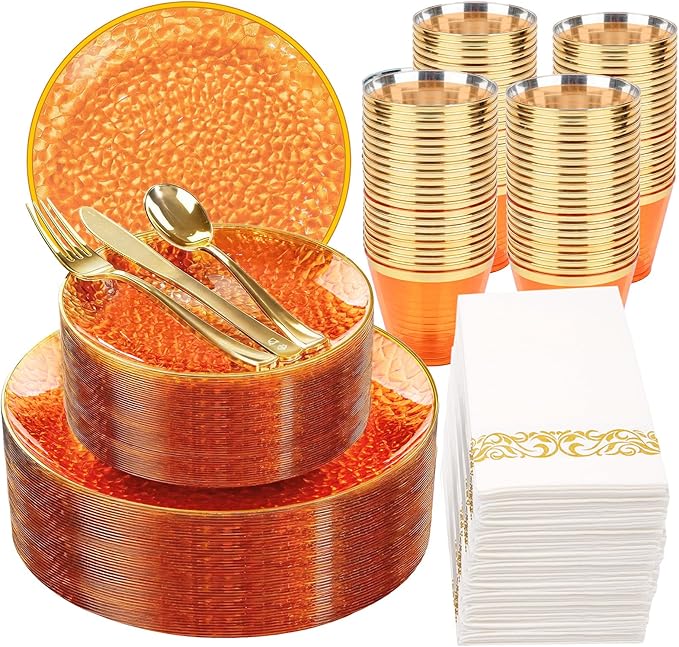 Rubtlamp 350 Pcs Plastic Dinnerware Set (50 Guests), Orange And Gold Plastic Plates, Hammered Party Plates Set Include Dinner Plates, Dessert Plates, Cups&Cutlery Set And Napkins for Wedding And Party