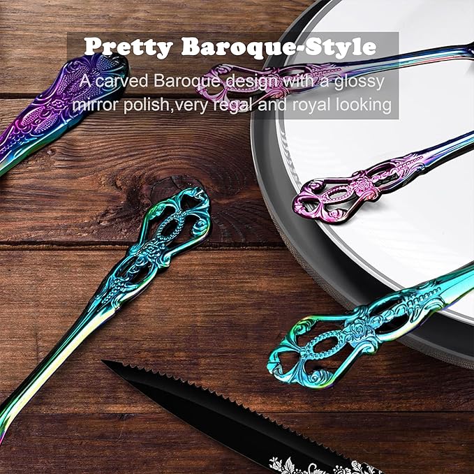 Runfly Retro Royal Rainbow 48 Pieces Flatware Set, Gorgeous Multicolour Silverware Set For 8, Anti-rust Stainless Steel dark Cutlery Set Utensils Including Fork Spoon and Knife