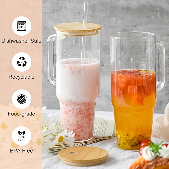 Glass Cups with Lids and Straws 40 oz Glass Tumbler with Straw and Lid 2 Pack Glass Tumbler with Handle Wide Mouth Iced Coffee Cups for Smoothies, Soda, Tea, with Bamboo Lids
