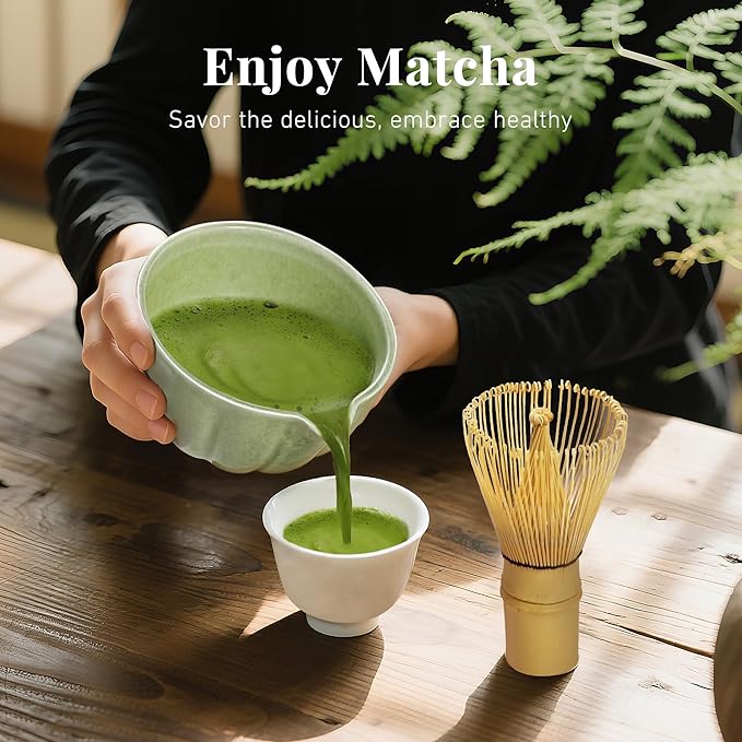 Matcha Whisk Set,7 PCS Ceramic Matcha Kit Includes Matcha Bowl with Spout, Matcha Whisk and Holder, Bamboo Scoop, Stainless Sifter, Towel, Unique Gift for Matcha Lovers (Matcha Green)