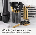Black and Gold Kitchen Utensils Set - 6-PC Silicone Utensils Set Include Tongs, Whisk, Serving Spoon, Spatula, and Turner for Stylish Cooking and Baking - Black and Gold Kitchen Accessories and Decor