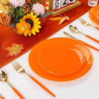 DaYammi 150Pcs Orange Plastic Plates & Gold Cutlery with Orange Handle,orange Disposable Plates with Gold Rim Set Include 30 Dinner Plate,30 Dessert Plate,30 Knive,30 Forks,30 Spoons for Party Wedding