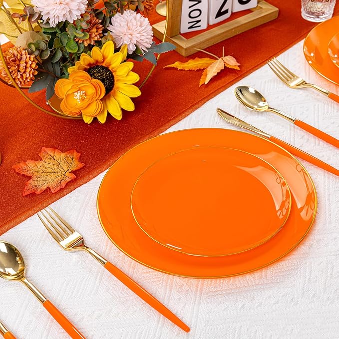 DaYammi 150Pcs Orange Plastic Plates & Gold Cutlery with Orange Handle,orange Disposable Plates with Gold Rim Set Include 30 Dinner Plate,30 Dessert Plate,30 Knive,30 Forks,30 Spoons for Party Wedding