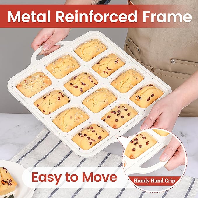 CAKETIME Silicone Mini Loaf Pan with Metal Frame, Mini Bread Loaf Pan 12 Cups for Baking Bread, Brownie, Cornbread, Cheesecake, Soap Nonstick (1 Pack)