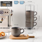 HASENSE Porcealin Coffee Mugs, Stackable Coffee Cups Set of 4 with Stand - 15 oz Large Ceramic Ribbed Latte Cup Set for Cappuccino, Tea, Hot Cocoa, Drinks - Dishwasher & Microwave Safe, Brown