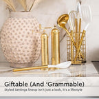 Gold Kitchen Utensils Set – 7-Piece White Silicone Cooking Tools with Gold Utensil Holder – Luxury Kitchen Accessories for Stylish Cooking and Serving, Ideal for Gifting