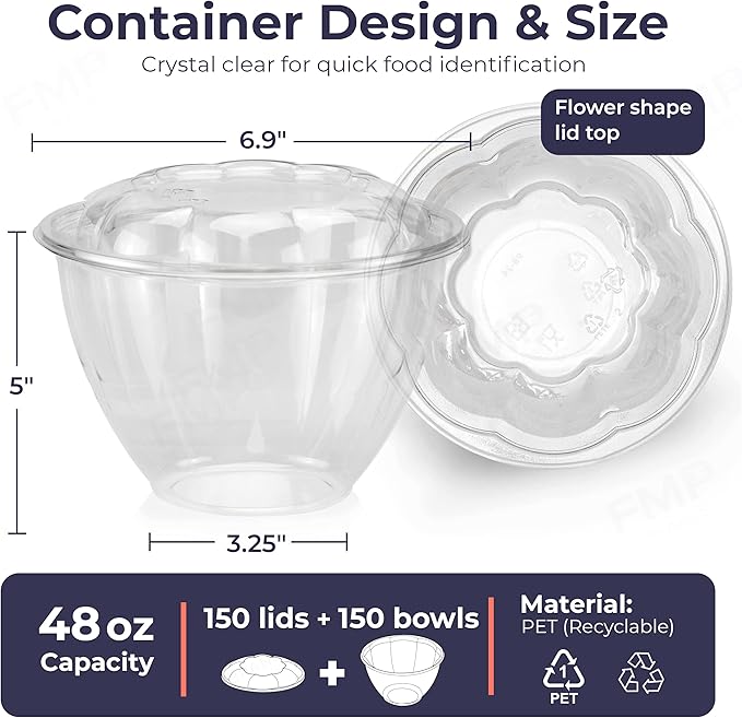 Fit Meal Prep 150 Pack 48 oz Disposable Plastic Clear Salad Bowls with Airtight Lids - To Go for Lunch, Takeout, Party, Catering, Picnic