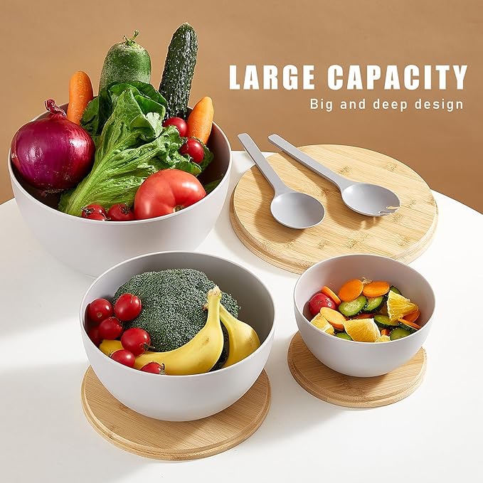 ECOWAY Salad Bowls Set of 3 with Lid & Serving Utensils, Bamboo Fiber Mixing Bowls Set Large Serving Bowls & Storage Set with Bamboo Lid for Salad, Kitchen Eating, Pasta, Popcorn, Chips, Fruit, Grey