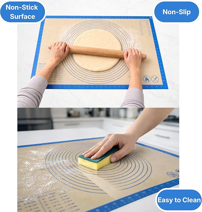 Silicone Pastry Mat with Measurements, 36 x 24 Inch Extra Thick Non-Slip Nonstick XL Baking Mat for Dough Rolling, Kneading, Fondant and Pie, Blue