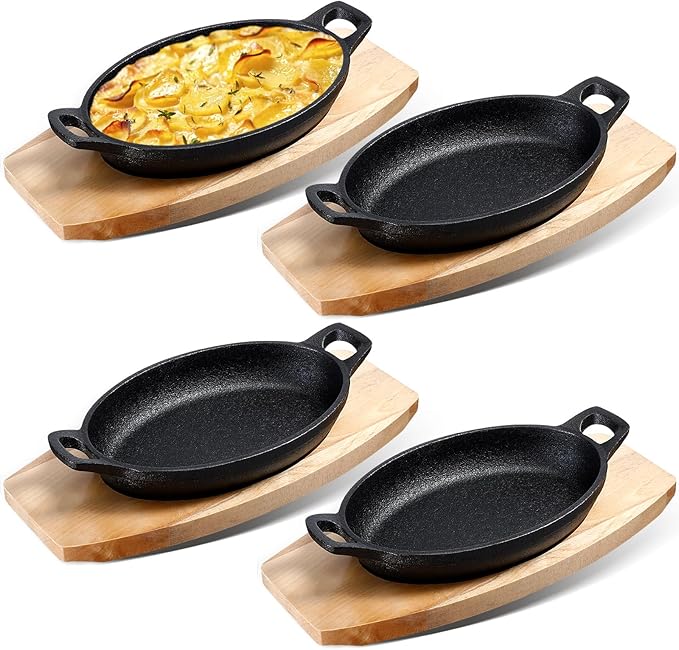 Mifoci 4 Pcs Mini Cast Iron Skillet with Wooden Base Small Cast Iron Fajita Plates Baker's Skillet Matte Black Pan Pot for Kitchen Restaurant Barbecue Dinner (8.7 x 4.7 x 1.6 Inches)