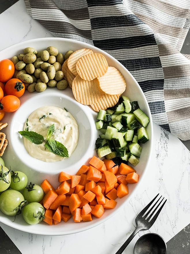 LAUCHUH Porcelain Chip and Dip Serving Set Divided Serving Trays Appetizers and Cheeses Serving Platter Compartment Dish for Mother's Day, Snack, Fruit, Veggies, Candy, 12-inch Set of 1