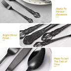 Gorgeous Retro Royal Black Silverware Set For 8,OIULO 40 Pieces Flatware Service 8,Stainless Steel Anti-rust Dark Fine Vintage Utensils Forks Spoons Knife,Antique Baroque Cutlery,Mirror Dishwasher