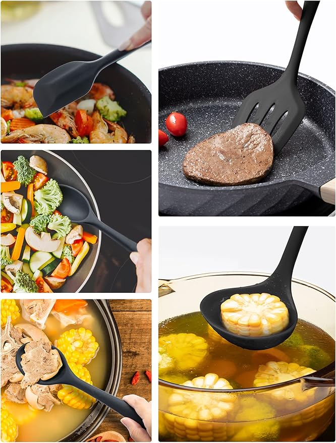 Silicone Kitchen Utensils Set, 5 PCS Heat Resistant Non Stick Cooking Tools, Silicone Spatula/Turner/Serving Spoon/Soup Ladle/Slotted Spoon, for Home and Camping