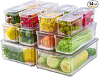 JollyPack 14 Pack Fridge Organizers, Refrigerator Organizer Bins with Lids, BPA Free Stackable Fruit Storage Containers for Fridge, Vegetables, Food and Drinks