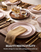 Famiware Saturn Plates and Bowls Dish Sets for 6 (18 Pieces), Stoneware Dinnerware Set with Hand-Painted Trim - Chip & Scratch Resistant, Microwave & Dishwasher Safe Ceramic Dishes, Light Pink