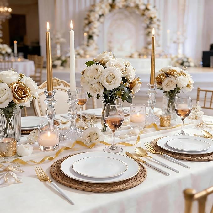 DaYammi 30 Guests Gold Plastic Plates with Disposable Silverware,Gold Cutlery with White Handle,White Disposable Dinnerware:60 Dinner/Dessert Plates,90 Plastic Silverware Set,Gold Plate for Party