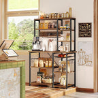 SUPERJARE Large Bakers Rack with Power Outlets, 6-Tier Microwave Stand, Coffee Bar with 12 S-Shaped Hooks, Kitchen Shelf with Wire Basket, 39.4 x 14.6 x 66.9 Inches, Rustic Brown