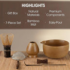 Matcha Whisk Set, 7-Piece Matcha Kit with Ceramic Matcha Bowl, Bamboo Whisk, Scoop & Sifter - Complete Matcha Tea Set Perfect for Beginners & Matcha Lovers, Brown