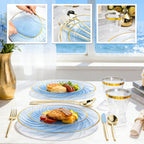 N9R 180 PCS Disposable Dinnerware Set with Gold Rim Blue Plastic Plates for 30 Guests, Include 30 Dinner Plates, 30 Dessert Plates, 30 Cups, 90 Heavy Duty Gold Plastic Silverware for Party & Wedding