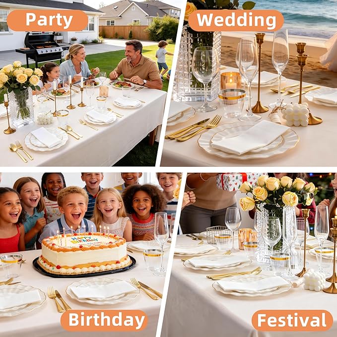 175PCS Gold and White Plastic Dinnerware Set, Plastic Party Plates for 25 Guests, 50 Disposable Plates, 25 Heavy Duty Silverware, 25 Cups, 25 Napkins for Party and Wedding