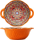 2 Pack Boho Ceramic Serving Bowls with Handles, 40 Oz Porcelain Salad Bowls, Large Serving Dishes for Entertaining, Mixing Bowls for Soup, Stew, Pasta, Cereal, Colorful Embossed Cute Bowls Set MLKS