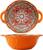 2 Pack Boho Ceramic Serving Bowls with Handles, 40 Oz Porcelain Salad Bowls, Large Serving Dishes for Entertaining, Mixing Bowls for Soup, Stew, Pasta, Cereal, Colorful Embossed Cute Bowls Set MLKS