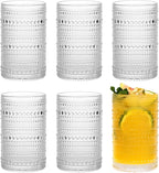 Moretoes Hobnail Drinking Glasses Set of 6,12 Oz Highball Glasses Clear Embossed Boho Water Glass Cups Kitchen Bar Tumbler Glassware Set for Whiskey, Beer, Juice, Milk and Various Mixed Drinks (Clear)