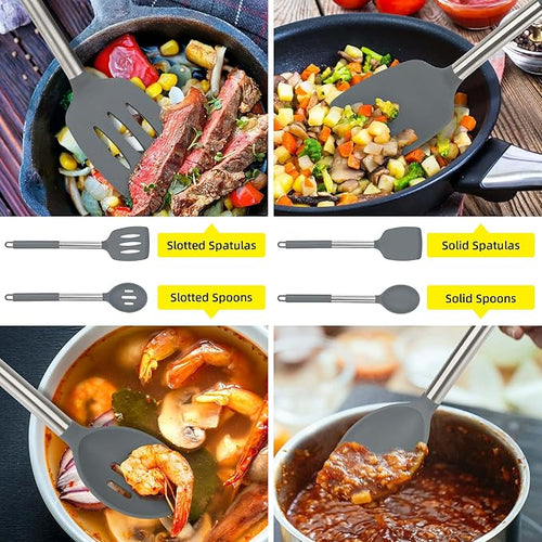 4 Pack Silicone Utensils Set，Non Stick Solid Spatulas, Slotted Spoons with Stainless Steel Handle，Spatulas for Cooking，Frying, Mixing, Serving -Grey