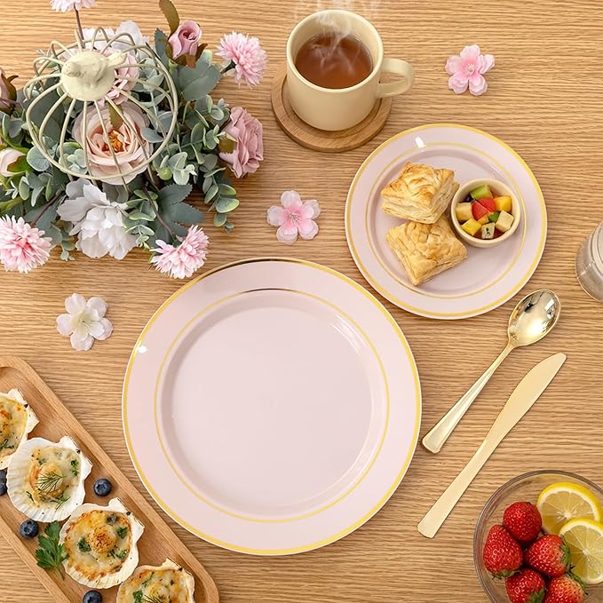 WDF Partyware 350PCS Pink Disposable Plates - Pink Plastic Plates 50Guests Plastic Dinnerware Sets with Rolled Napkins for Wedding/Birthday/Baby shower/Mother's Day
