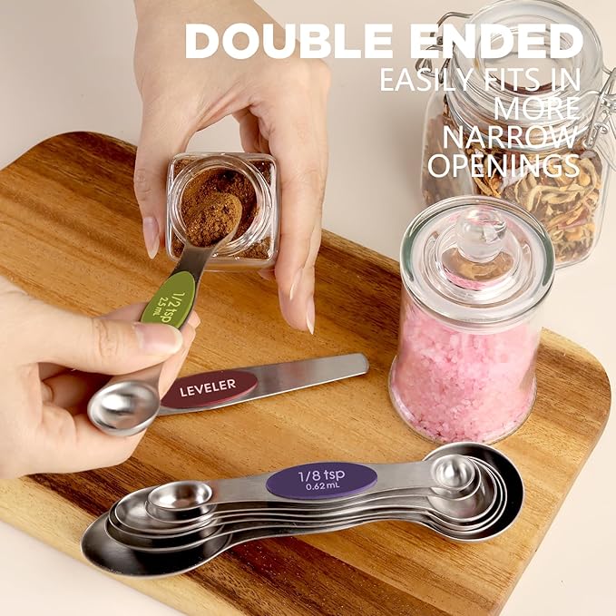 Pack of 8 Stainless Steel Magnetic Measuring Spoons Set, Dual Sided, Stackable, Adjustable Teaspoon and Tablespoon Measure Spoon with Leveler, Kitchen Gadgets