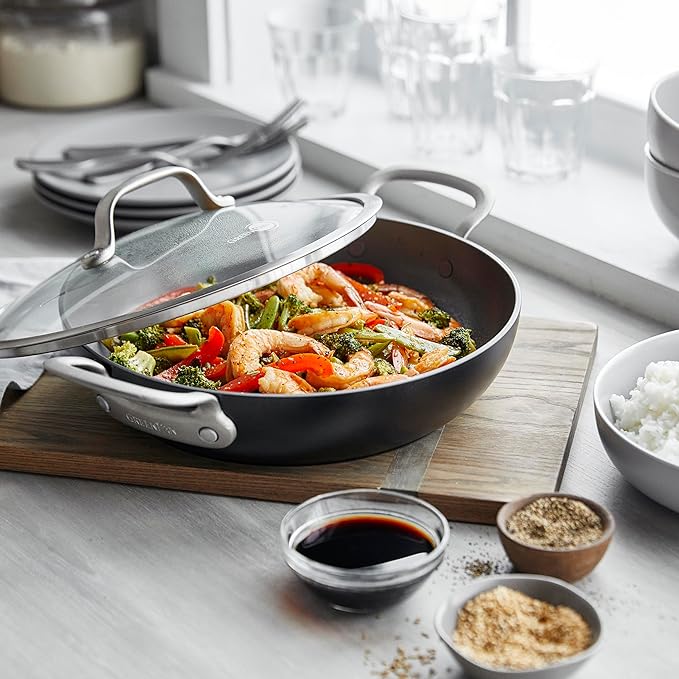 GreenPan Healthy Ceramic Nonstick 12" Everyday Frying Pan with 2 Handles and Lid, PFAS-Free, Multi Clad, Induction, Dishwasher Safe, Oven Safe, Black