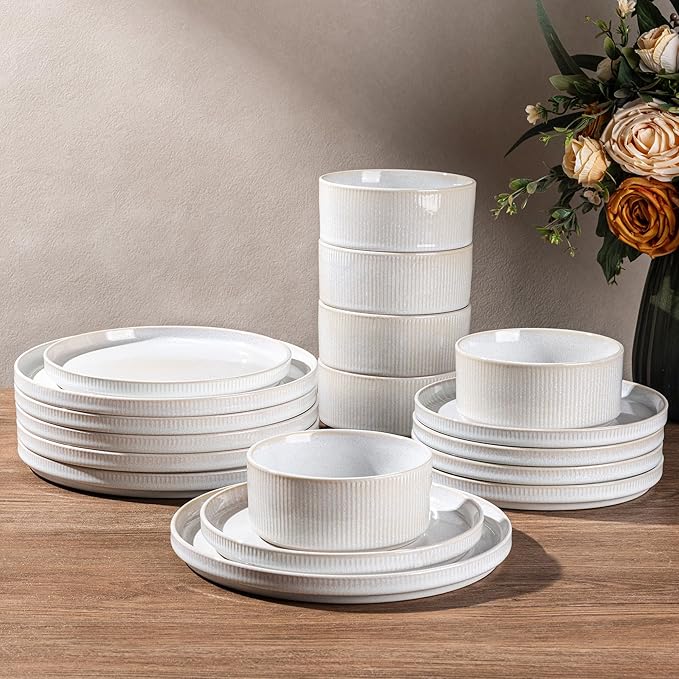 GBHOME 24-Piece Stoneware Dinnerware Set for 8 – Ribbed Ceramic Plates and Bowls, Scratch-Resistant, Microwave & Dishwasher Safe, Reactive Glaze, Sugar White