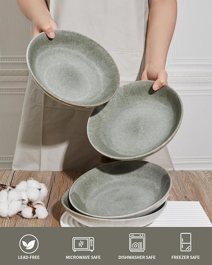 Pokini Pasta Bowls of 4, 32 Oz Salad Bowls Soup Bowls, Large Pasta Serving Bowl Porcelain Pasta Plates, Wide and Deep Bowls Set Microwave & Dishwasher Safe-Gradient Green