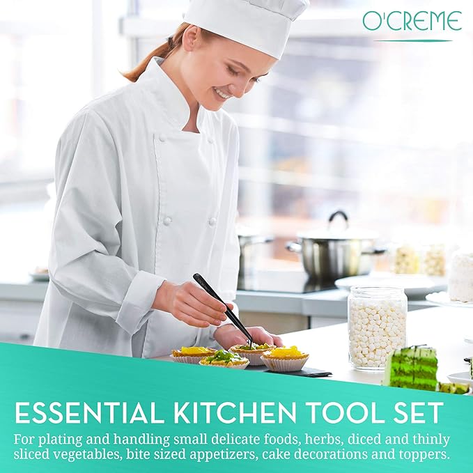 O'Creme Stainless Steel Precision Kitchen Tweezer Tongs with Serrated Tips for Gripping (10" Curved, Purple)