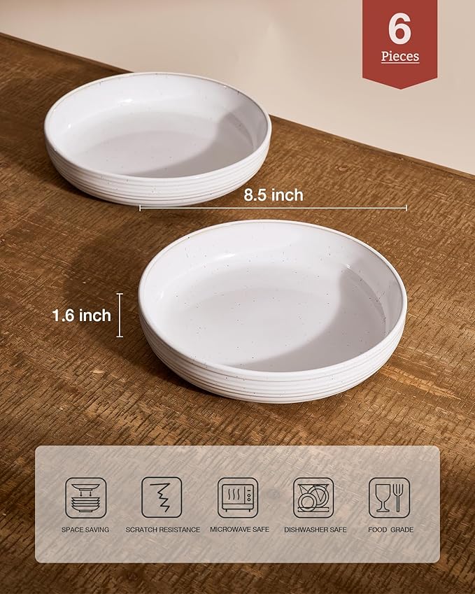 famiware Milkyway 33 oz Bowl Set, Pasta Bowls Set of 6, Salad Bowls, Double Reactive Glaze, Sturdy & Stackable, Ideal for Housewarming, Festivals, White Thread