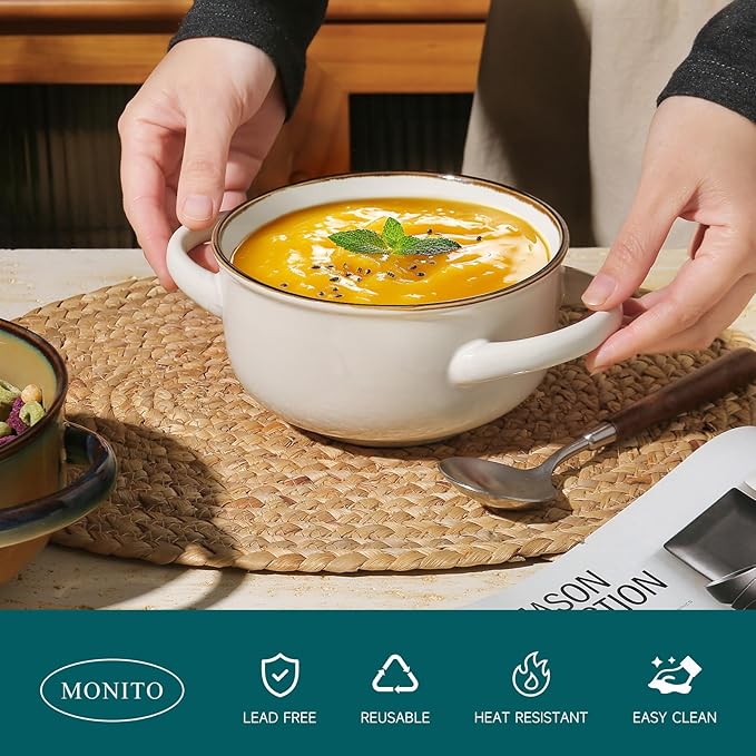 MONITO Ceramic Salad Bowl with Handles, 28 oz French Onion Soup Bowls, Ceramic Soup Bowls for Cereal, Pasta, Chilli, Beef Stew, Stackable Serving Bowl Set of 4 (28 OZ)