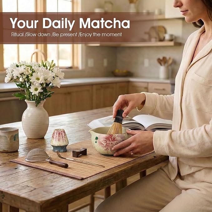 Matcha Whisk Set, 7-Piece Matcha Kit with Ceramic Bowl, Bamboo Whisk, Scoop, Sifter, Holder & Bamboo Mat – Premium Matcha Tea Set for Beginners & Matcha Lovers, Gift Ready